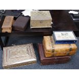 A miscellaneous collection of boxes, to include a bamboo and metal bound casket, a green velvet