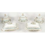 Crown Derby c.1840, 3 porcelain sauce tureens with lids and bases and two entree dishes with lids,