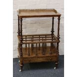 A mid 19th century Canterbury, burr walnut with boxwood inlay, brass gallery, turned supports