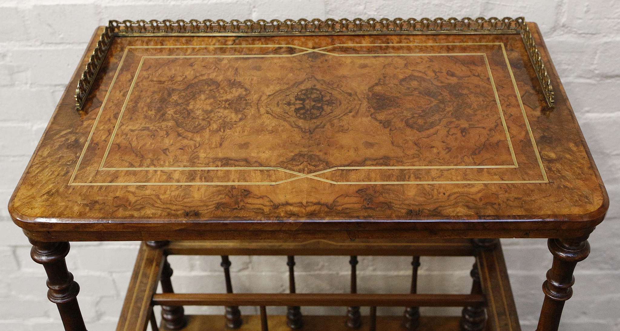 A mid 19th century Canterbury, burr walnut with boxwood inlay, brass gallery, turned supports - Image 2 of 3