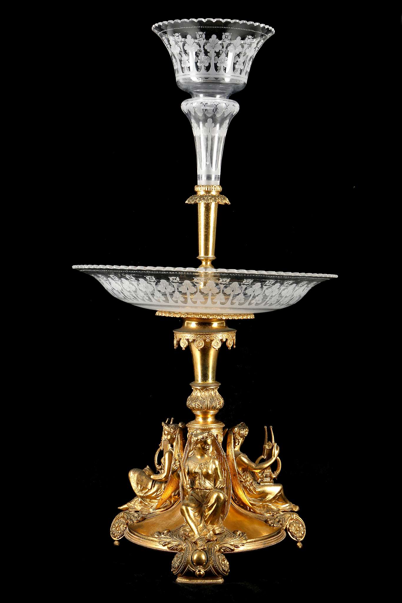 A VERY FINE GILT BRONZE AND ETCHED GLASS TABLE CENTREPIECE, late 19th century, by Horace