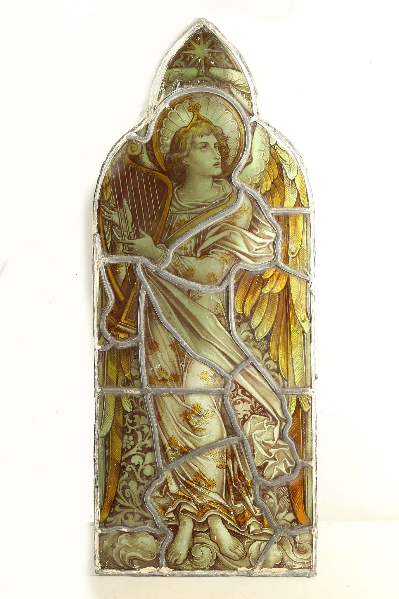 AN EXCEPTIONAL SET OF FOUR AESTHETIC PERIOD ECCLESIASTICAL PAINTED AND LEADED GLASS WINDOW PANELS, - Image 4 of 11