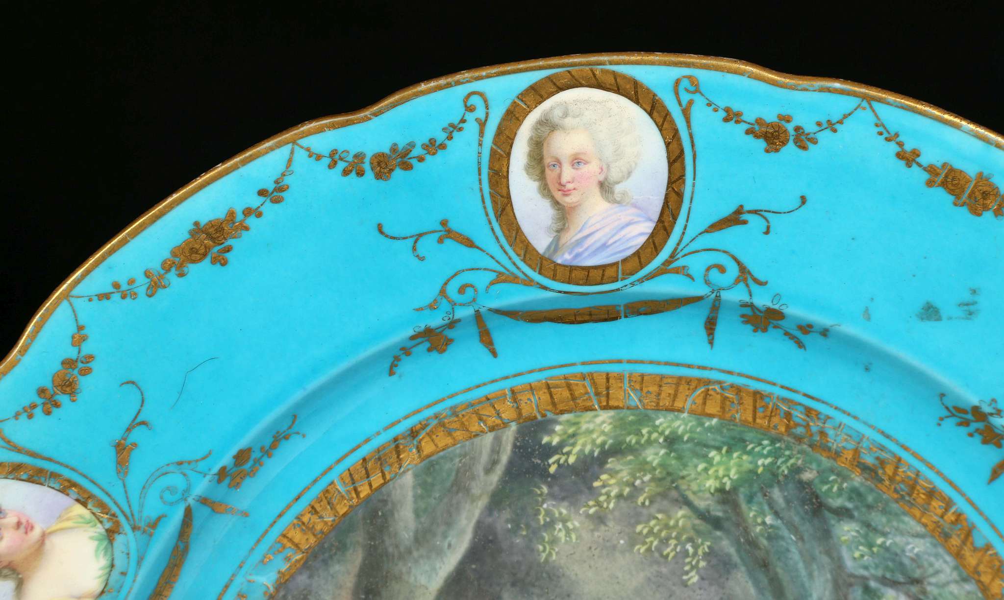 A SEVRES-STYLE CABINET PLATE, late 19th century, finely painted with a scene of a lady pushing a - Image 3 of 6