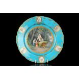 A SEVRES-STYLE CABINET PLATE, late 19th century, finely painted with a scene of a lady pushing a