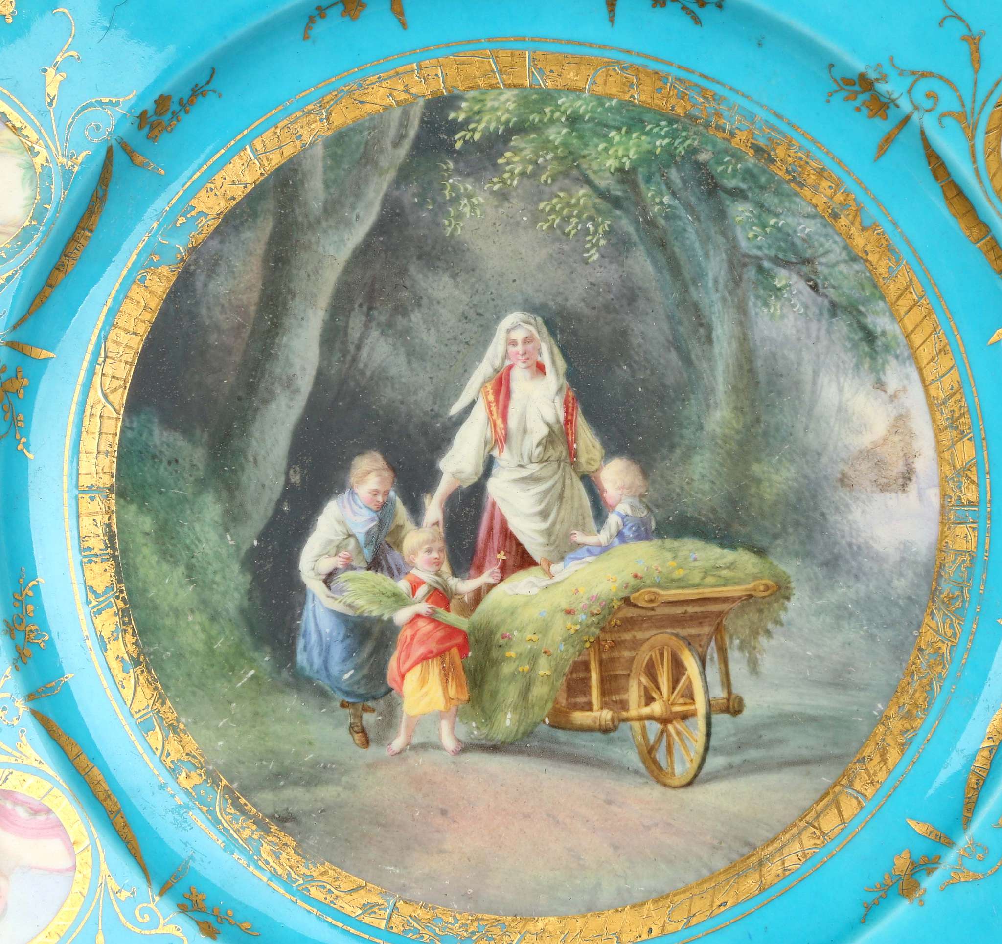 A SEVRES-STYLE CABINET PLATE, late 19th century, finely painted with a scene of a lady pushing a - Image 2 of 6