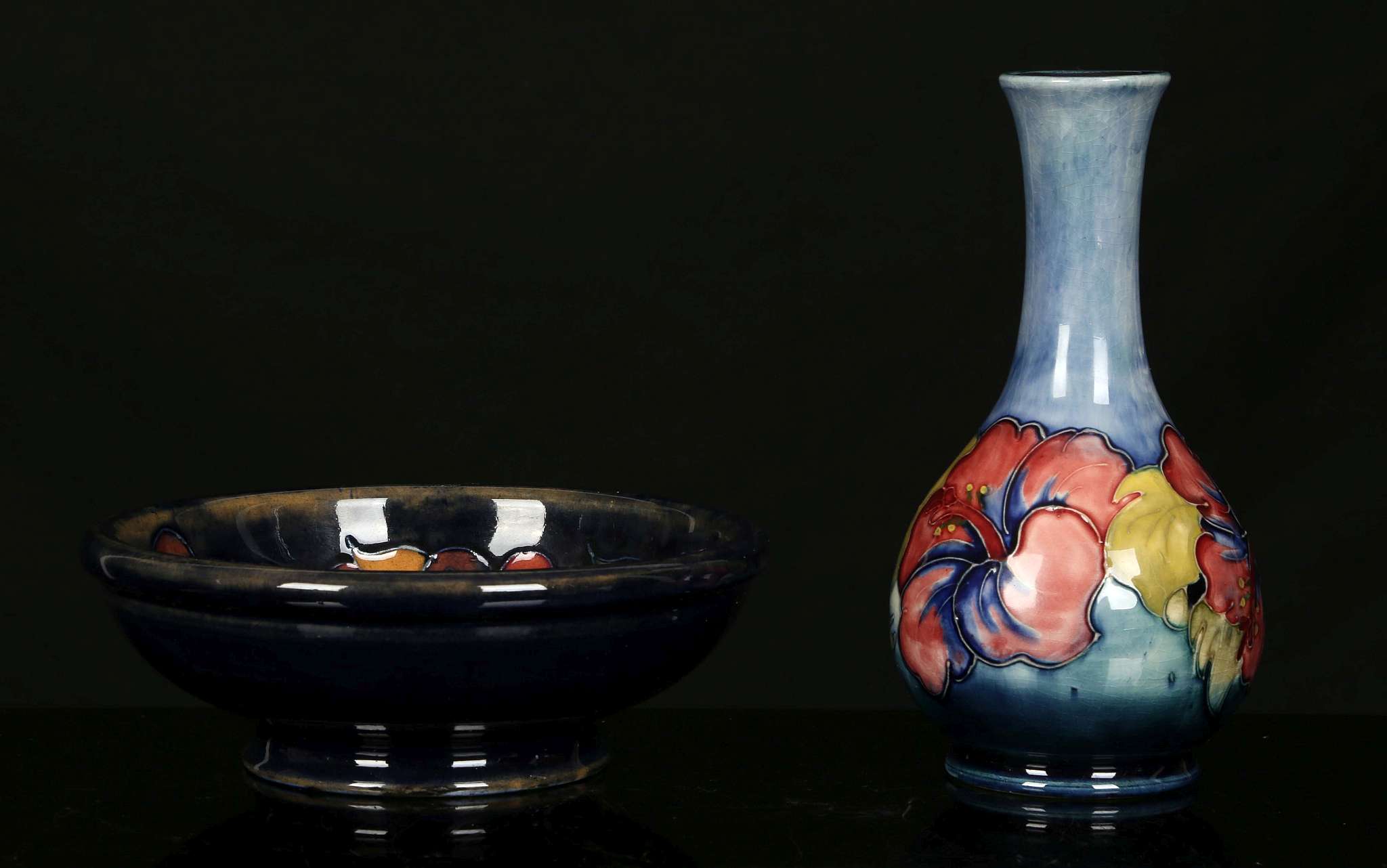 A WALTER MOORCROFT 'POMEGRANATE' DISH AND A BOTTLE VASE, mid 20th century, the dish decorated with - Image 3 of 5