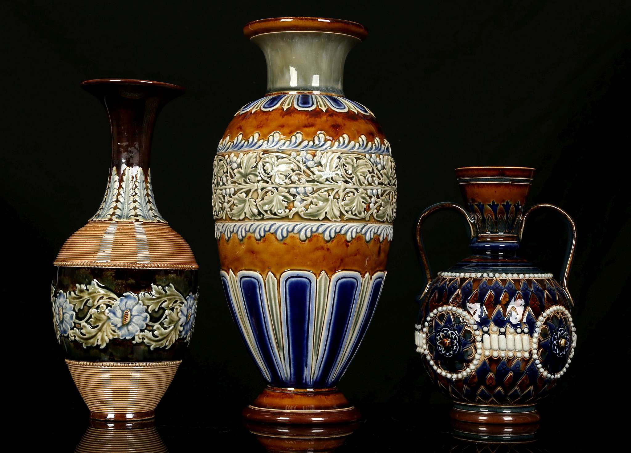 THREE DOULTON LAMBETH VASES, early 20th century, comprising a large baluster vase decorated with a - Image 2 of 5