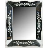 A mid 20th century Venetian style mirror with scalloped / engraved, inverted bevelled sides, 71 x