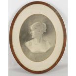 An Edwardian mahogany framed pencil sketch of portrait bust of a young woman. picture height