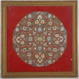 An early 20th century, embroidered Kashmir panel, circular motif worked in silks on a red felt