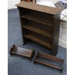 Country open shelving, oak stain, 74cm wide and 2 book troughs, c.1930. (3).