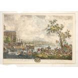 After Wouvermens, a hand coloured engraving of 'Grande Chasse au Cerf'. 45 x 67cm. Mounted.