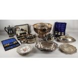 A Mappin & Webb silver dish with fluted rim, silver plate punch bowl with repousse trailing