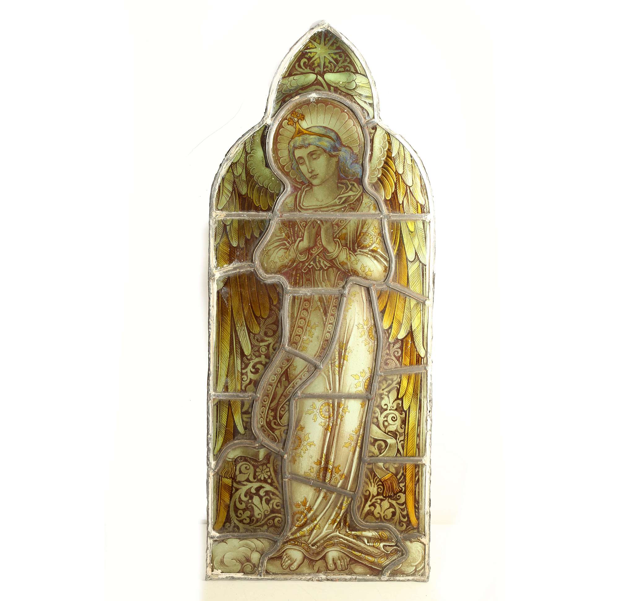 AN EXCEPTIONAL SET OF FOUR AESTHETIC PERIOD ECCLESIASTICAL PAINTED AND LEADED GLASS WINDOW PANELS, - Image 2 of 11