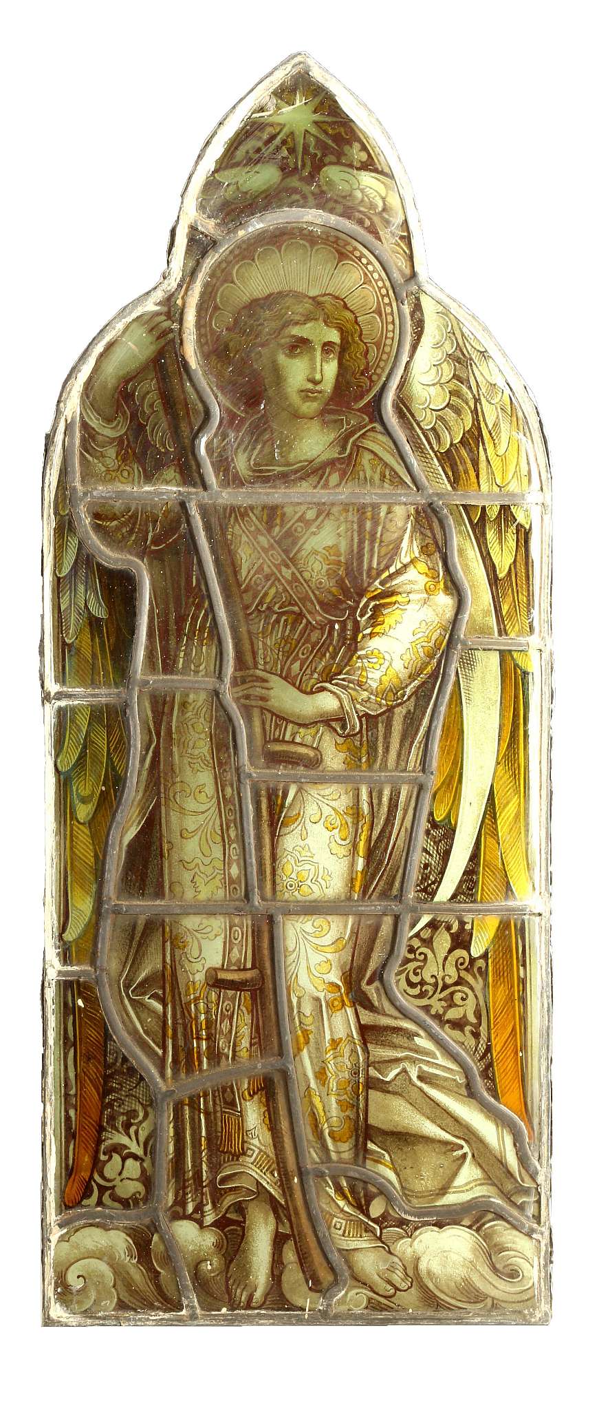 AN EXCEPTIONAL SET OF FOUR AESTHETIC PERIOD ECCLESIASTICAL PAINTED AND LEADED GLASS WINDOW PANELS, - Image 7 of 11