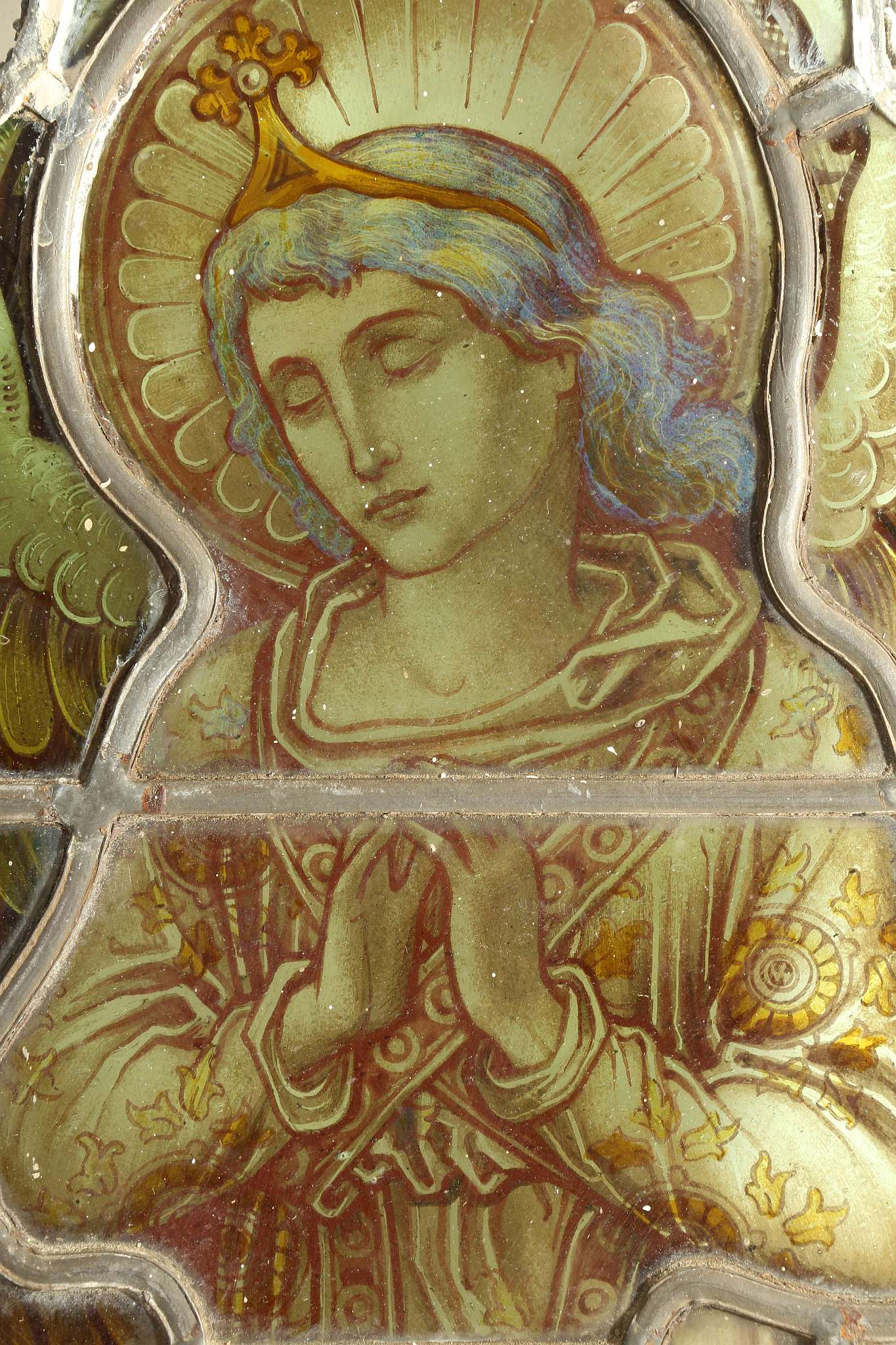 AN EXCEPTIONAL SET OF FOUR AESTHETIC PERIOD ECCLESIASTICAL PAINTED AND LEADED GLASS WINDOW PANELS, - Image 3 of 11