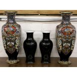 A pair of cloisonne ovoid shouldered vases, decorated in typical fashion with scattered florets