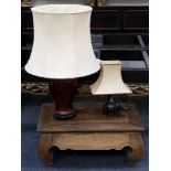 A Far East design coffee table 80cm long, a ceramic baluster shape table lamp and another with rhino