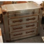 An aluminium aviation chest of drawers, housing a foot locker style top and three drawers, 89 x 42 x