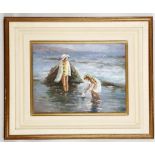 An impressionist oil painting portrait of children paddling on the seashore. 28 x 37cm