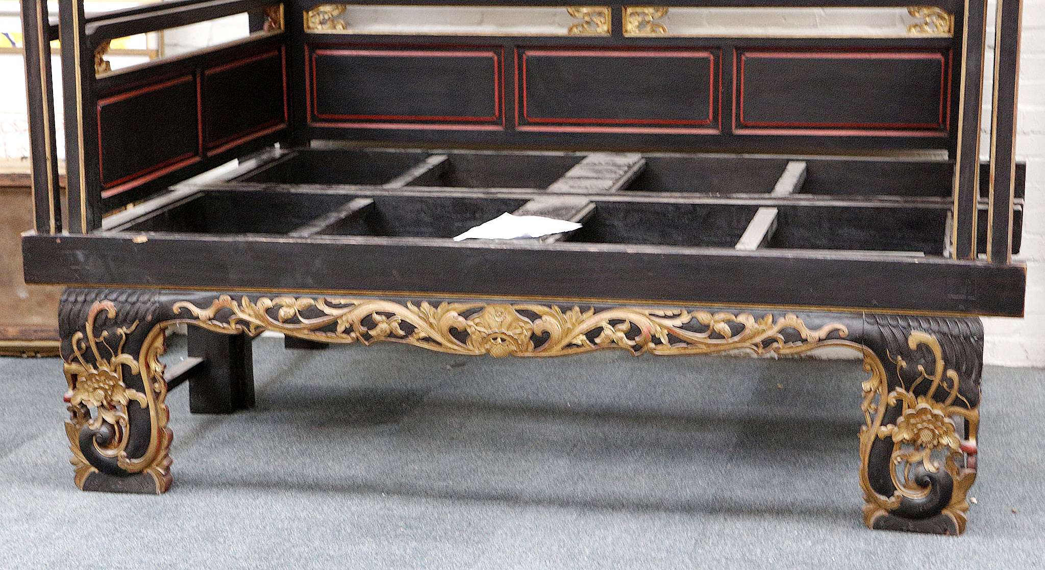 A Chinese four post canopy bed, Jiazichuang, with carved and pierced open-work panels to the top and - Image 2 of 3