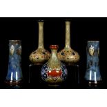 FIVE SMALL ART NOUVEAU DESIGN ROYAL DOULTON VASES, early 20th century, including a pair of green