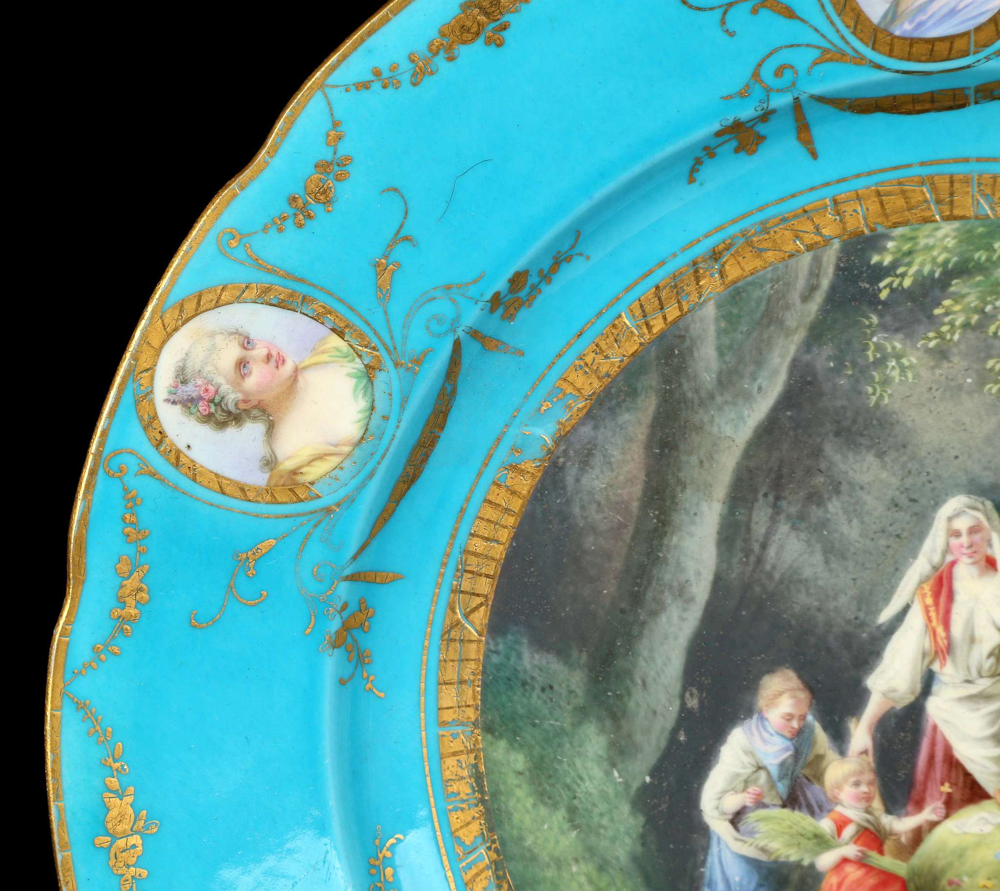 A SEVRES-STYLE CABINET PLATE, late 19th century, finely painted with a scene of a lady pushing a - Image 4 of 6