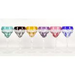 A set of six Bohemian cut and coloured glass hock glasses. (6).