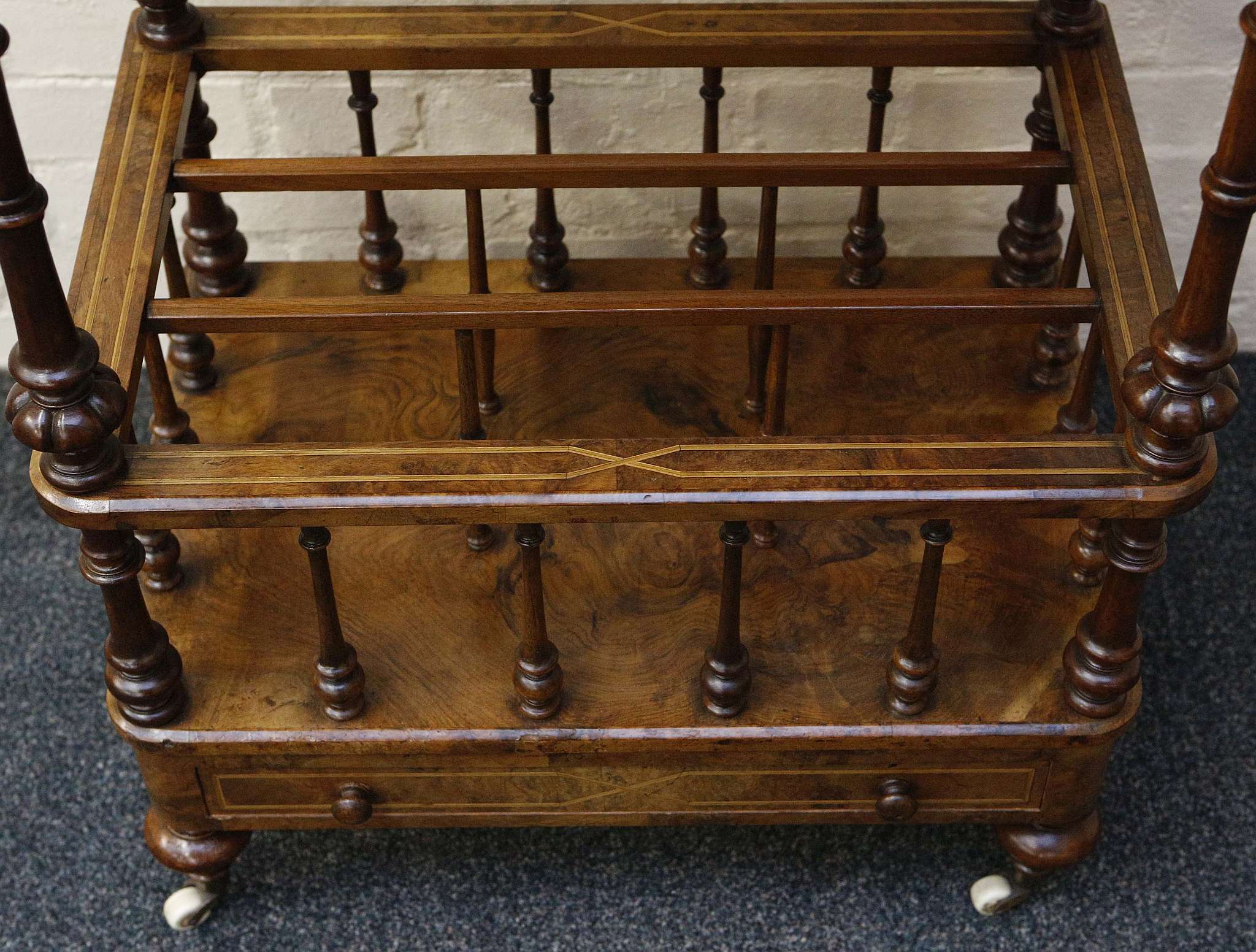 A mid 19th century Canterbury, burr walnut with boxwood inlay, brass gallery, turned supports - Image 3 of 3