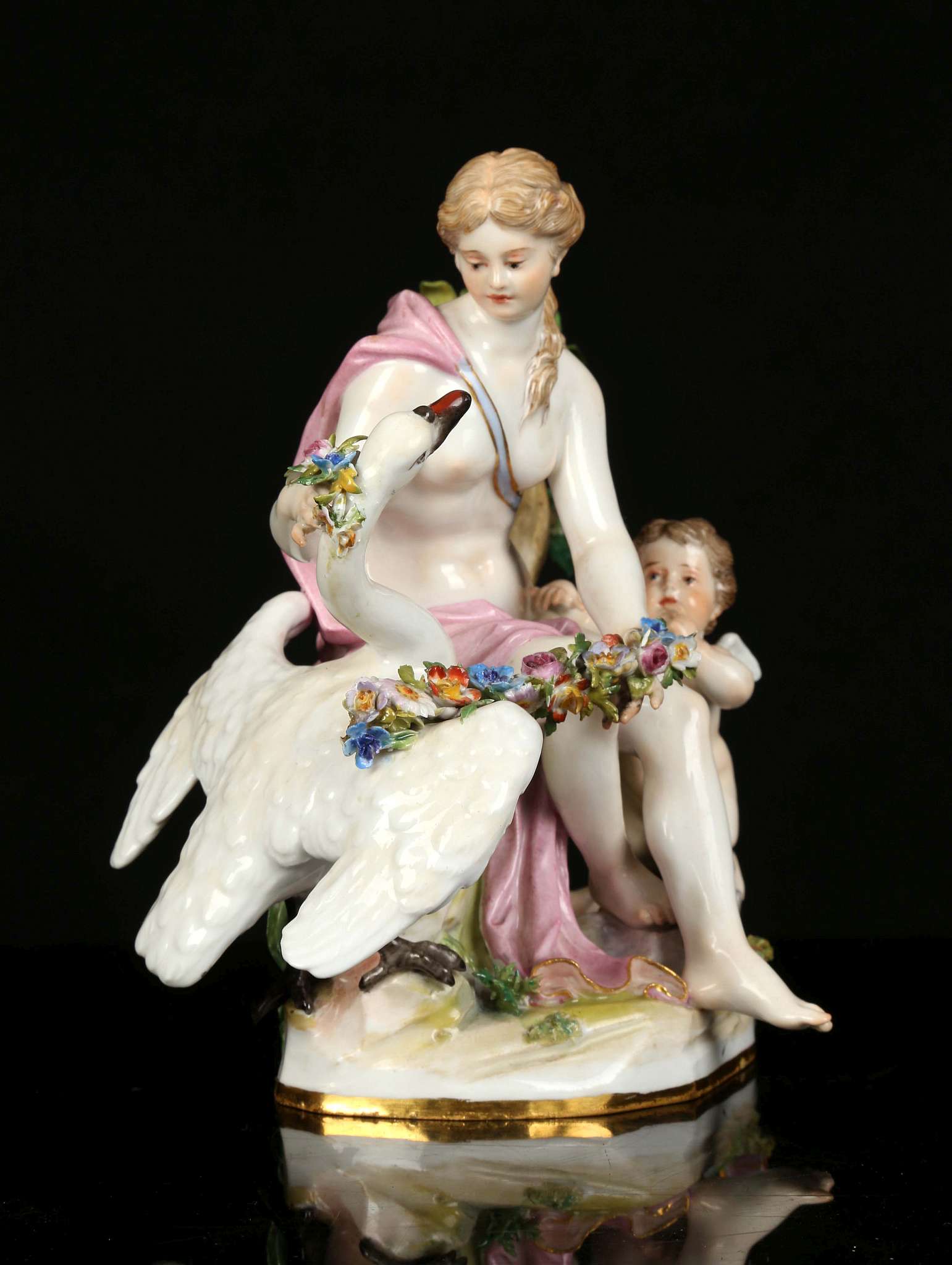 A MEISSEN FIGURE GROUP OF 'LEDA AND THE SWAN', mid 19th century, modelled seated, placing a - Image 2 of 6