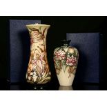 TWO LIMITED EDITION MOORCROFT POTTERY VASES, one decorated in the 'Sunderland' pattern by Shirley