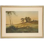 N. FOWLER WILLATT, 1859-1924, British. Surrey landscape with shepherd and flock of sheep and dog,