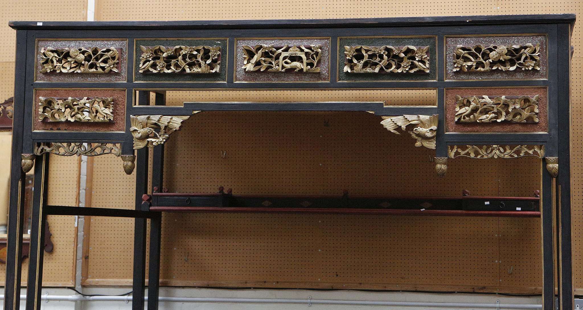 A Chinese four post canopy bed, Jiazichuang, with carved and pierced open-work panels to the top and - Image 3 of 3