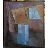 Carolyn Lumley, 20th Century, modern British, 'Attic', oil on board, interior scene, with label