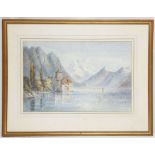 F.V. JOHNSTON SMITH?? signature unclear, c.1920, 'Chillon', Swiss chateau on Lac Lucerne with Alps