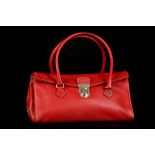 PRADA FOLD-OVER BAG, bright red grained leather with silver tone push-lock closure, contrast white