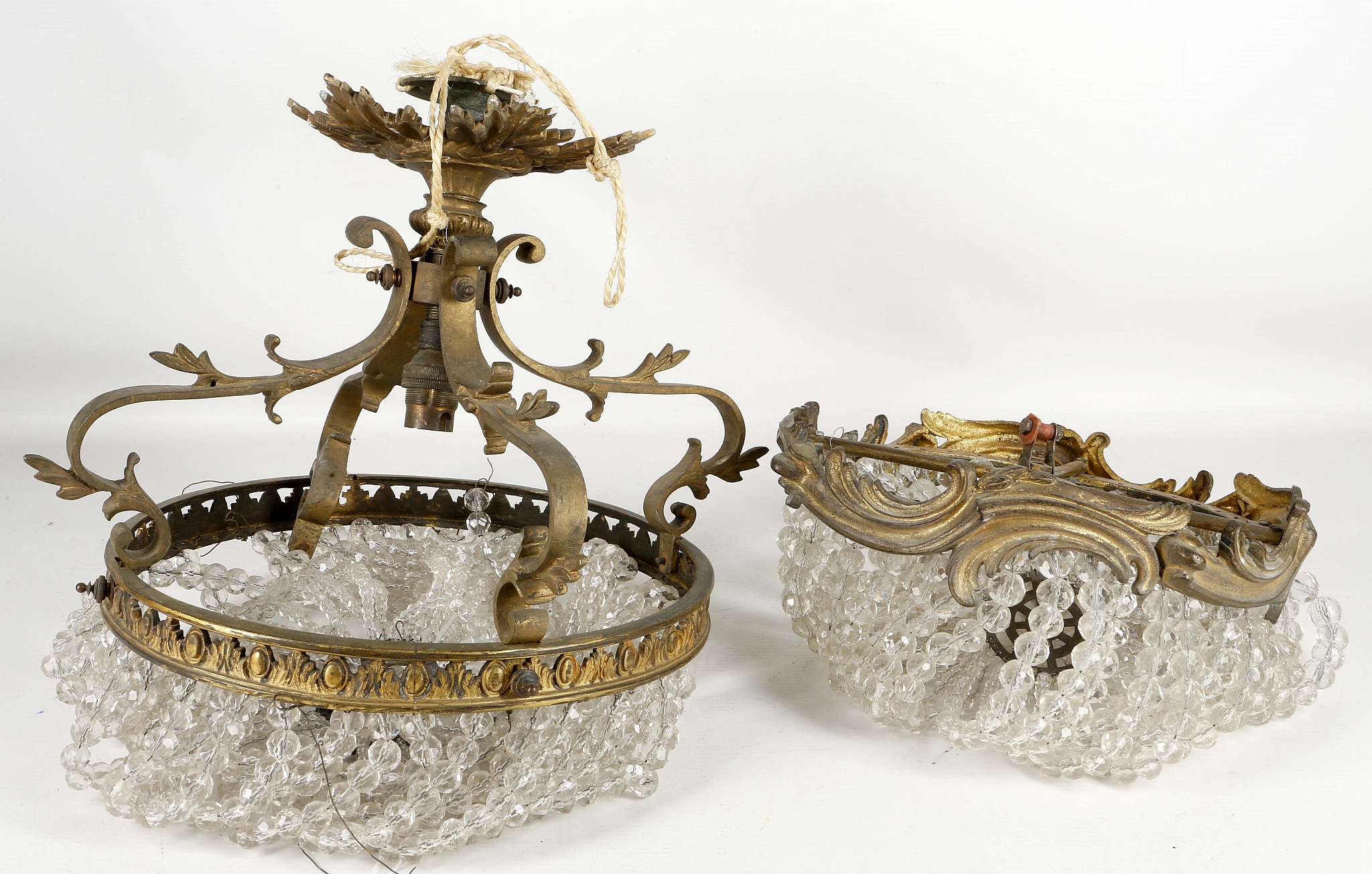 Two 19th Century, French Empire style, ormolu and crystal bag ceiling lights (2)
