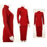 CHANEL BOUTIQUE RED WOOL ENSEMBLE, 1990s, comprising a long sleeve long top with zip to back, and