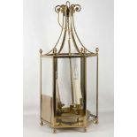 A mid 20th century octagonal brass and glass hanging lantern, originally hung in a Chelsea manor