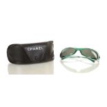 CHANEL SUNGLASSES, green frames with silver tone Cs detail at the arm terminals, with leather case