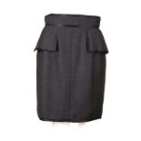 CHANEL SKIRT, grey felt with peplum pockets and black satin ribbon trim, gilt four leaf clover