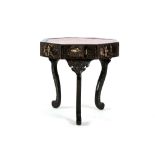 A MOTHER OF PEARL INLAID HEXAGONAL BLACK AND RED LACQUERED TRIPOD STAND.
17th Century.
Each side