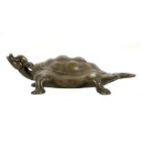 A SILVER INLAID BRONZE ‘DRAGON TORTOISE’ PAPERWEIGHT.
Ming – Qing Dynasty.
Cast standing