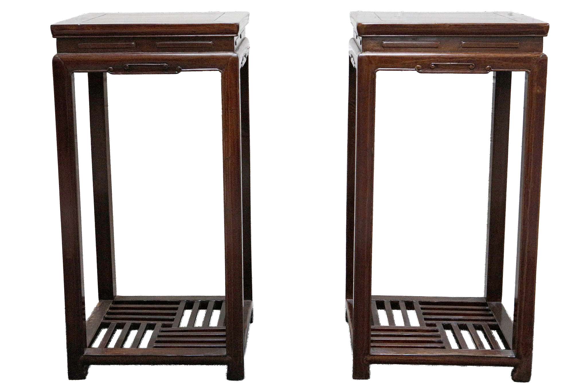 A PAIR OF CHINESE WOODEN INCENSE STANDS.
Late Qing Dynasty.
Of rectangular section with