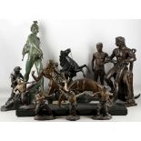 A bronzed figure of 'Le Commerce', a spelter Marley horse, an Art Deco group of a warrior and