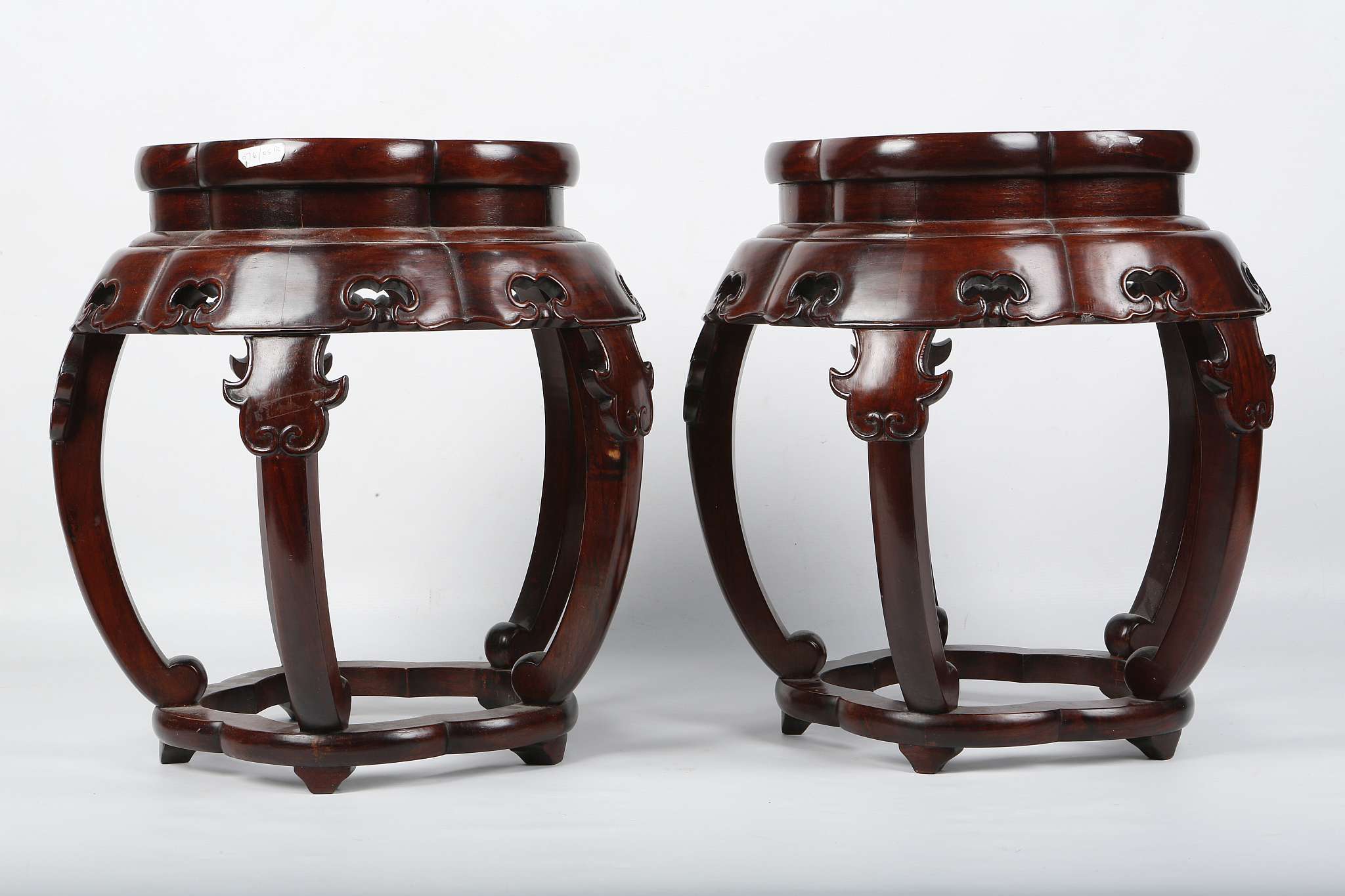 A PAIR OF CHINESE ROSEWOOD BARREL-FORM DRUM STOOLS, ZUODUN.
20th Century.
The solid top panel of - Image 3 of 6