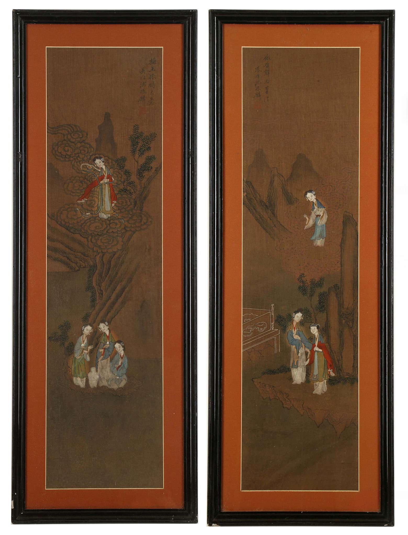 A PAIR OF CHINESE PAINTINGS OF BEAUTIES.
Late Qing Dynasty.
Each depicting groups of ladies within a