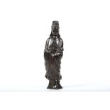 A CHINESE SILVER INLAID BRONZE FIGURE OF GUANYIN.