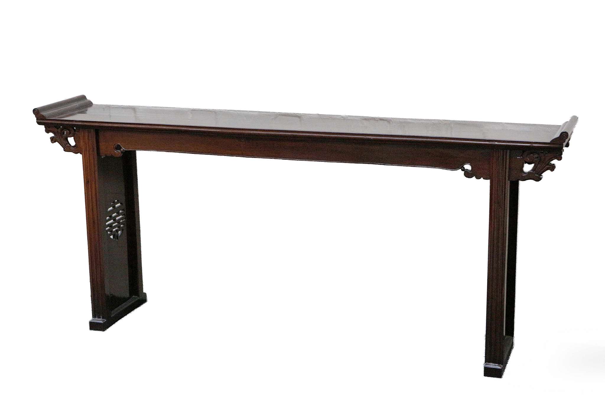 A CHINESE HARDWOOD RECESSED-LEG LONG TABLE, QIAOTOUAN.
Late Qing Dynasty.
The narrow single plank