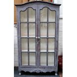 A large Edwardian grey painted pine cupboard, arch